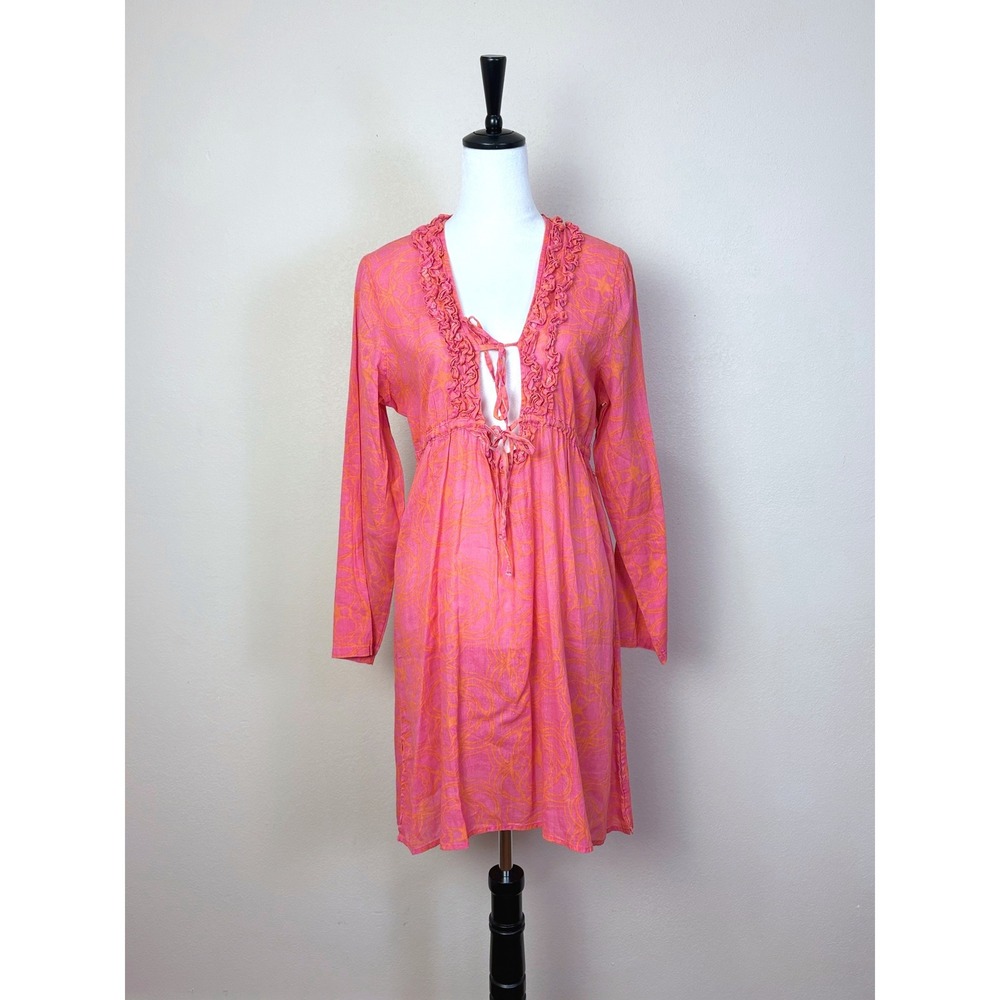 NEW 100% Linen Floral Deep V Ruffle Swimsuit‎ Cover Up Dress Size Medium Resort